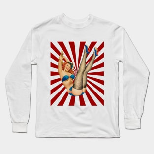 Beautiful Red Haired Pin-up Girl Retro Sunset Pattern Long Sleeve T-Shirt